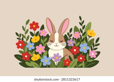 Adorable brown and white rabbit sits with closed eyes in a lush flower garden filled with colorful blooms and green leaves.