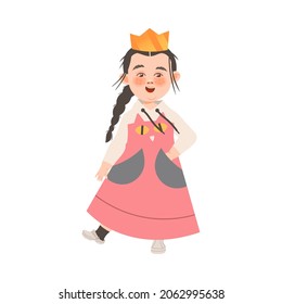 Adorable brunette little girl wearing as princess. Cute kid in fashionable outfit cartoon vector illustration