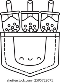 Adorable Bubble Tea Coloring Page – Cute Kawaii Boba Drinks in a Pocket | Fun Bold Art Easy Outline Art for Kids And Adults to Print And Color