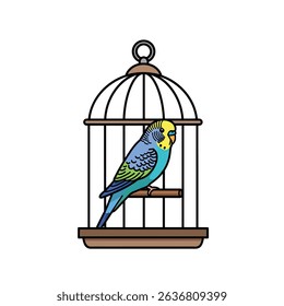 Adorable Budgerigar Pet Bird in Cage on Isolated White Background Studio Shot