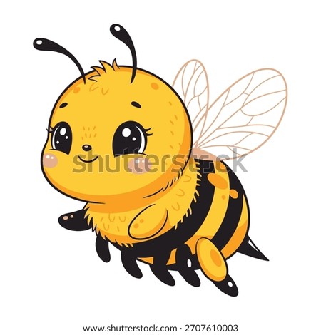 Adorable bumble bee flying cheerfully, conveying sweetness and nature's charm in a delightful cartoon style that brings joy and whimsy