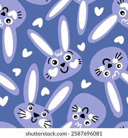 Adorable bunnies for baby. Animals seamless pattern. Boys, girls nursery wallpaper with cute hare head. Colored lilac repeat fabric print with rabbit for kids clothes, infant textile, newborn bedding.