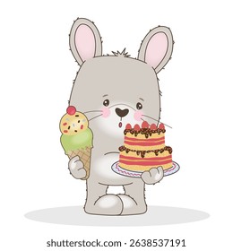 Adorable bunny cartoon character holding ice cream and layered cake. The illustration features a playful, whimsical scene perfect for children s themes and party designs.