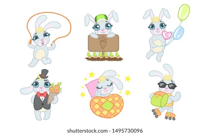 Adorable Bunny Cartoon Character Set, Cheerful Lovely Animal in Different Situations Vector Illustration
