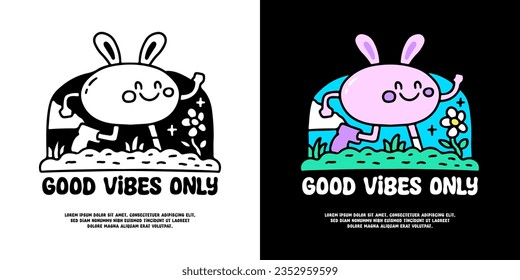 Adorable bunny character running in the park with good vibes only typography, illustration for logo, t-shirt, sticker, or apparel merchandise. With doodle, retro, groovy, and cartoon style.