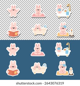 Adorable bunny characters enjoying a relaxing self-care day. Perfect for wellness and lifestyle-themed designs.