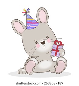 An adorable bunny in a colorful party hat sits with a gift in his paws. This adorable vector illustration is perfect for a birthday, holiday or baby design.