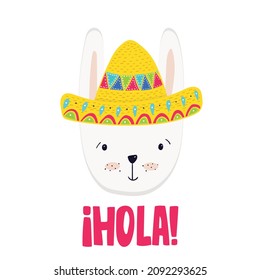 Adorable bunny in colorful sombrero, vector illustration in mexican style for cards, prints, posters and other designs. Cartoon animal portrait with wors Hola. Cute lettering template