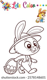 Adorable bunny coloring an Easter egg, perfect for kids' activities, preschool worksheets, and coloring books.	