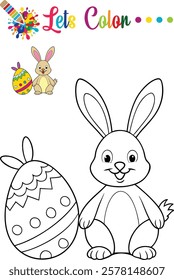 Adorable bunny coloring an Easter egg, perfect for kids' activities, preschool worksheets, and coloring books.	