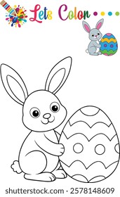 Adorable bunny coloring an Easter egg, perfect for kids' activities, preschool worksheets, and coloring books.	