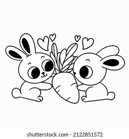 Adorable Bunny Couple Sharing Carrot Coloring Page Doodle Vector Illustration