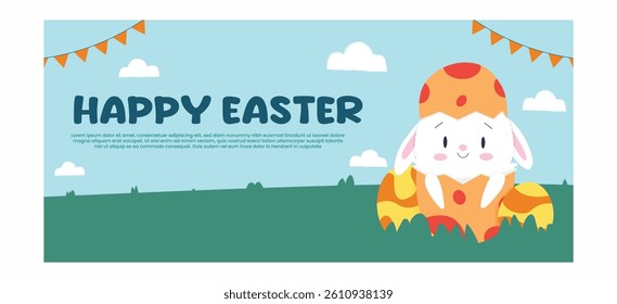 Adorable bunny Easter greeting card template with bright background spring landscape and party flags.