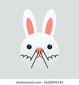 Adorable bunny emoji with hands on nose, cartoon rabbit face vector for fun, kids, and cute designs on isolated Background.