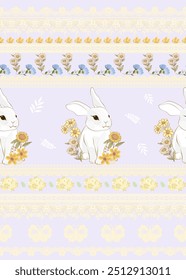 Adorable Bunny with floral in pastel with lace border textile illustration vector, hand draw fabric design