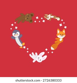 Adorable Bunny, Fox, Squirrel, Bear, and Penguin Flying Together Forming a Love Heart with Stars for Valentine Theme
