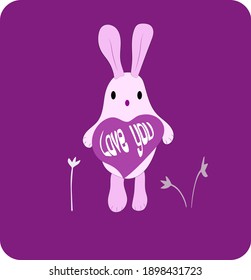 Adorable bunny holding a big heart. Lettering: Love you. Purple Valentines card.