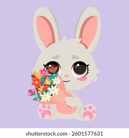Adorable bunny holding a bouquet of colorful flowers. A charming and soft pastel illustration, perfect for greeting cards, kids’ products, nursery prints, Easter designs, and invitations