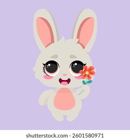 Adorable bunny holding a delicate flower with a cheerful expression. Perfect for greeting cards, children's products, nursery decor, Easter themes, and spring celebrations