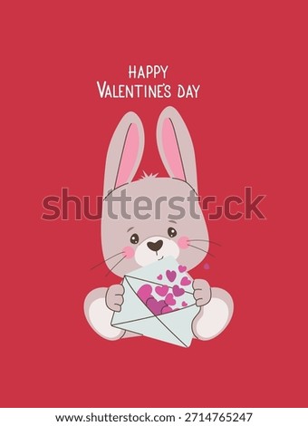 Adorable bunny holding an envelope filled with hearts, expressing love and affection with a Valentine s Day message. Charming vector illustration perfect for romantic greetings.