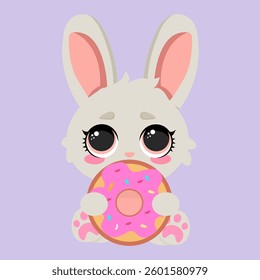 Adorable bunny holding a pink donut with colorful sprinkles. A sweet and playful illustration perfect for children's products, bakery designs, greeting cards, and festive decorations