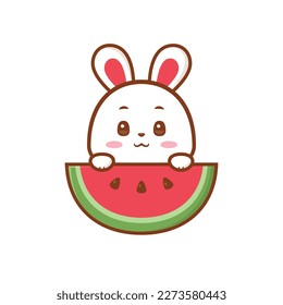 Adorable Bunny Holding Watermelon Logo Design, cute bunny illustration vector