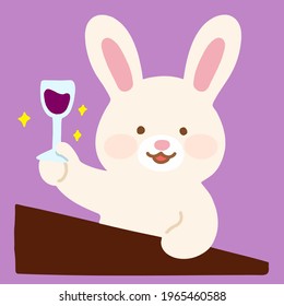 Adorable bunny holding a wine glass high at bar counter flat colored