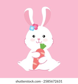 An adorable bunny hugging a carrot, ideal for Easter designs, garden themes, and healthy eating illustrations.