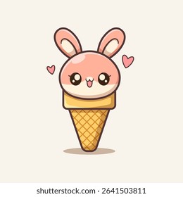 Adorable bunny ice cream with big eyes and heart accents. Perfect for kids, kawaii designs, summer treats, stickers, cute characters, and playful illustrations.