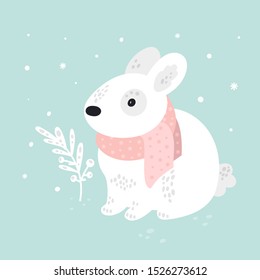 Adorable bunny isolated on background with snowflakes. Cute funny cartoon hare forest animal. Merry Christmas holiday festive Illustration in flat cartoon style for greeting card, poster, print, decor