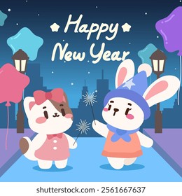 Adorable Bunny and Kitten Celebrating New Year with Sparklers. Kawaii New Year Party Scene with Cute Bunny and Cat. Happy New Year Illustration with Kawaii Animal Friends.