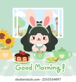 Adorable bunny morning breakfast with pancakes and sunflowers. Kawaii bunny in a cozy breakfast scene with green pastel vibes.