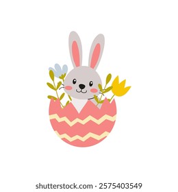 An adorable bunny nestled snugly inside a vibrant and colorful Easter egg adorned with flowers