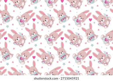 Adorable patrón de conejito con ilustraciones de conejos con temas de amor que sostienen corazones y mensajes. Perfecto para diseños de San Valentín y ocasiones románticas. formato de Ilustración vectorial.