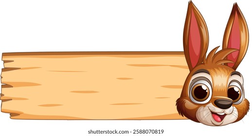 Adorable bunny peeking from behind a wooden sign