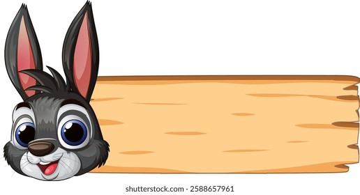 Adorable bunny peeking beside a wooden sign