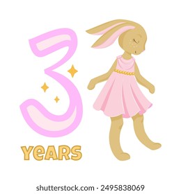 An adorable bunny in a pink dress celebrates in the 3nd anniversary card with sparkles and charm, a delightful illustration