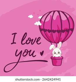 Adorable bunny in pink hot air balloon with heart designs, surrounded by clouds and love symbols, with handwritten I love you text on pink background. Valentine card. Vector art