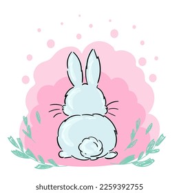 Adorable bunny rabbit back side on pink with leaves. Cartoon character. Spring, summer, Easter illustration.