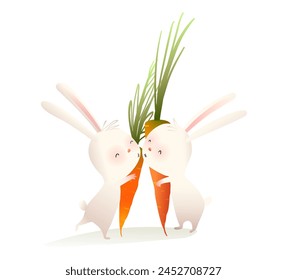 Adorable conejito o conejo pareja ilustración. Personajes de acuarela de Vector para niños que comparten besos, abrazos y zanahorias. Animales para niños dibujos animados, Clipart aislado en blanco.