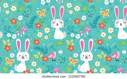 Adorable bunny rabbits celebrating spring in a field of flowers with butterflies, mushrooms, and birds. Seamless vector patterns are great for surface designs and backgrounds.