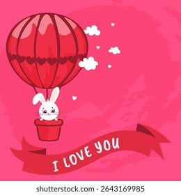 Adorable bunny in red heart balloon with love message. Perfect for Valentines Day cards, kids designs, or romantic illustrations. Vector art