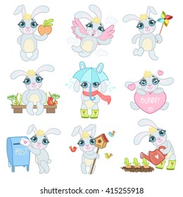 Adorable Bunny Set Of Flat Outlined Girly Vector Design Drawings Isolated On White Background - Shutterstock ID 415255918