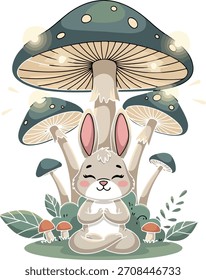 Conejito adorable sentado bajo un Grande hongo rodeado de hojas y plantas. Una ilustración suave y caprichosa ideal para diseños infantiles, arte infantil, libros de cuentos y gráficos de personajes lindos.