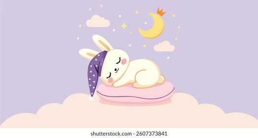 adorable bunny sleeping on a cloud under a night sky