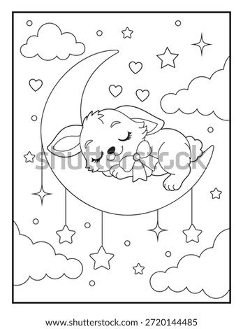 Adorable Bunny Sleeping on Crescent Moon Coloring Page for kids.  Cute Night Fantasy Scene illustration. Adorable animal illustration perfect for children’s coloring pages and relaxing creative projects.