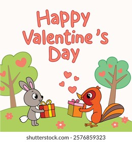 Adorable Bunny and Squirrel Celebrating Valentine's Day With Gifts and Hearts