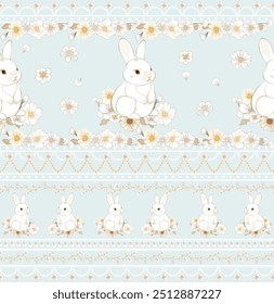 Adorable Bunny Surrounded by Daisies in Pastel Blue with Floral Lace Border