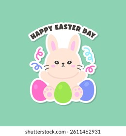 Adorable Bunny Surrounded by Easter Eggs with Happy Easter Day Text on Mint Green Background