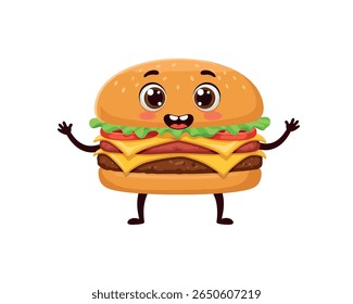 Adorable burger character illustration with lettuce, tomato, cheese, and expressive eyes.